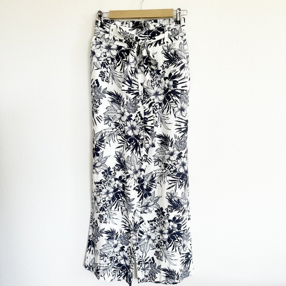 Sound/Style Pants Women S Belted Tropical Wide Leg Palazzo Floral Linen Blend